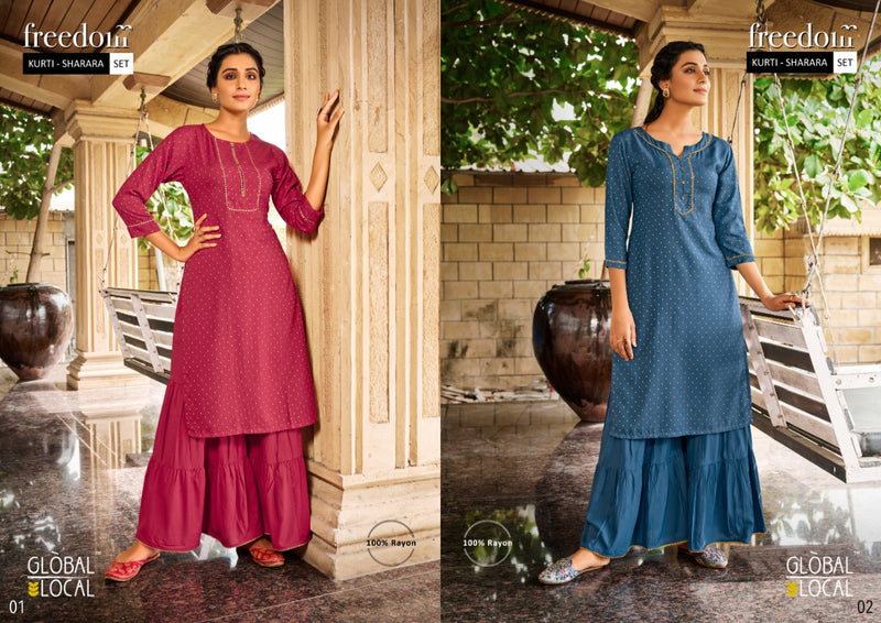 Global Local Freedom Rayon Butti Fabric Fancy Kurti With Sharara Bottom Set