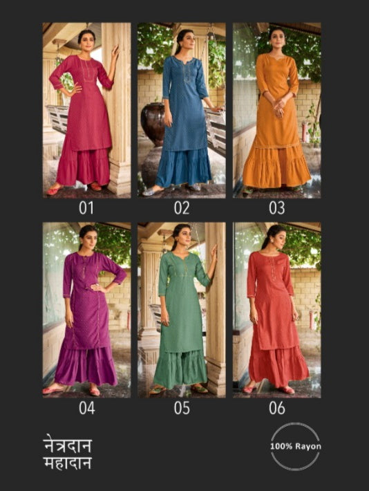 Global Local Freedom Rayon Butti Fabric Fancy Kurti With Sharara Bottom Set