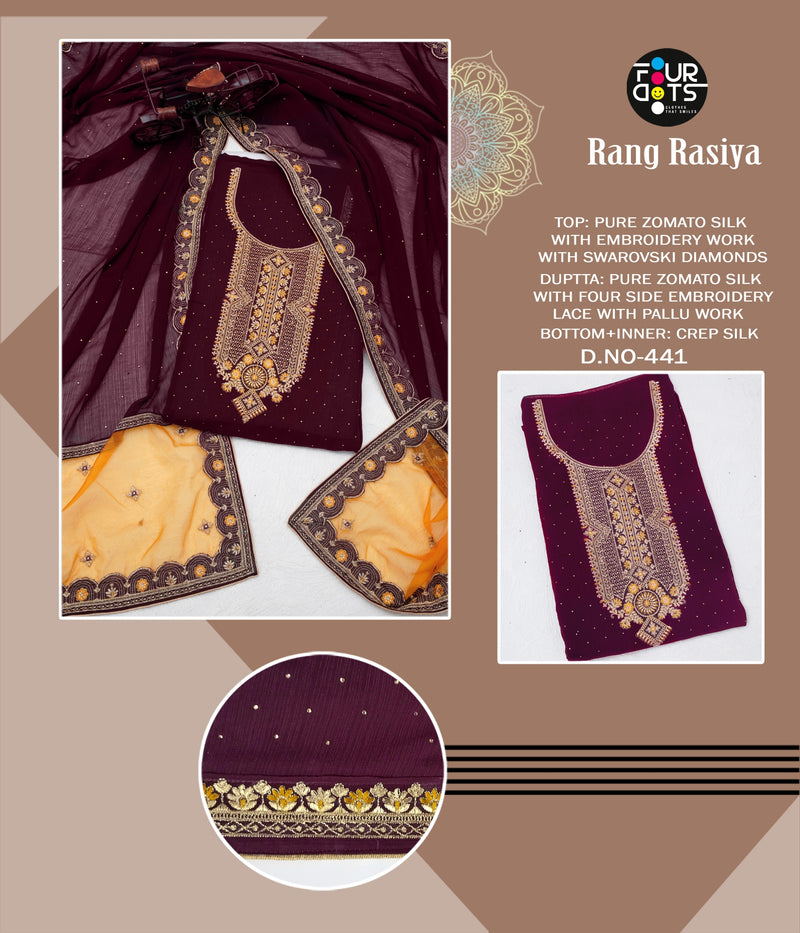 Four Dots Rang Rasiya 441-444 Pure Silk With Embroidery Daimond Work Salwar Suit