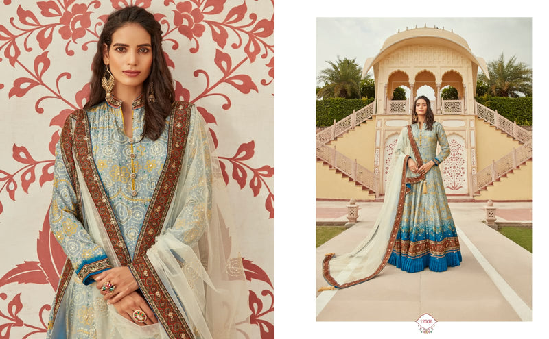 Virasat Gajgamini Printed Dola Jacquard With Hand Work Designer Gown With Dupatta
