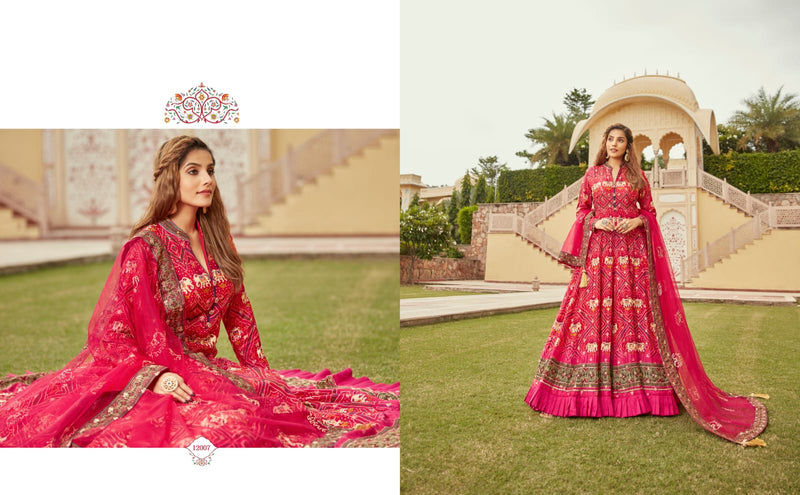 Virasat Gajgamini Printed Dola Jacquard With Hand Work Designer Gown With Dupatta