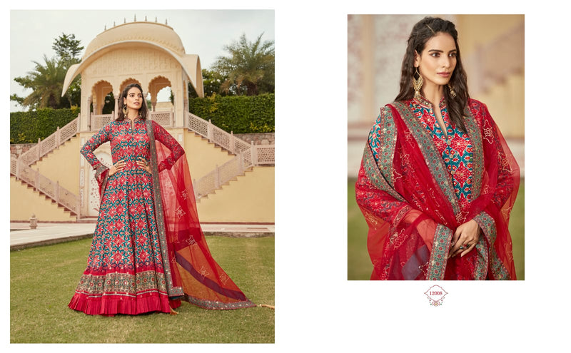 Virasat Gajgamini Printed Dola Jacquard With Hand Work Designer Gown With Dupatta