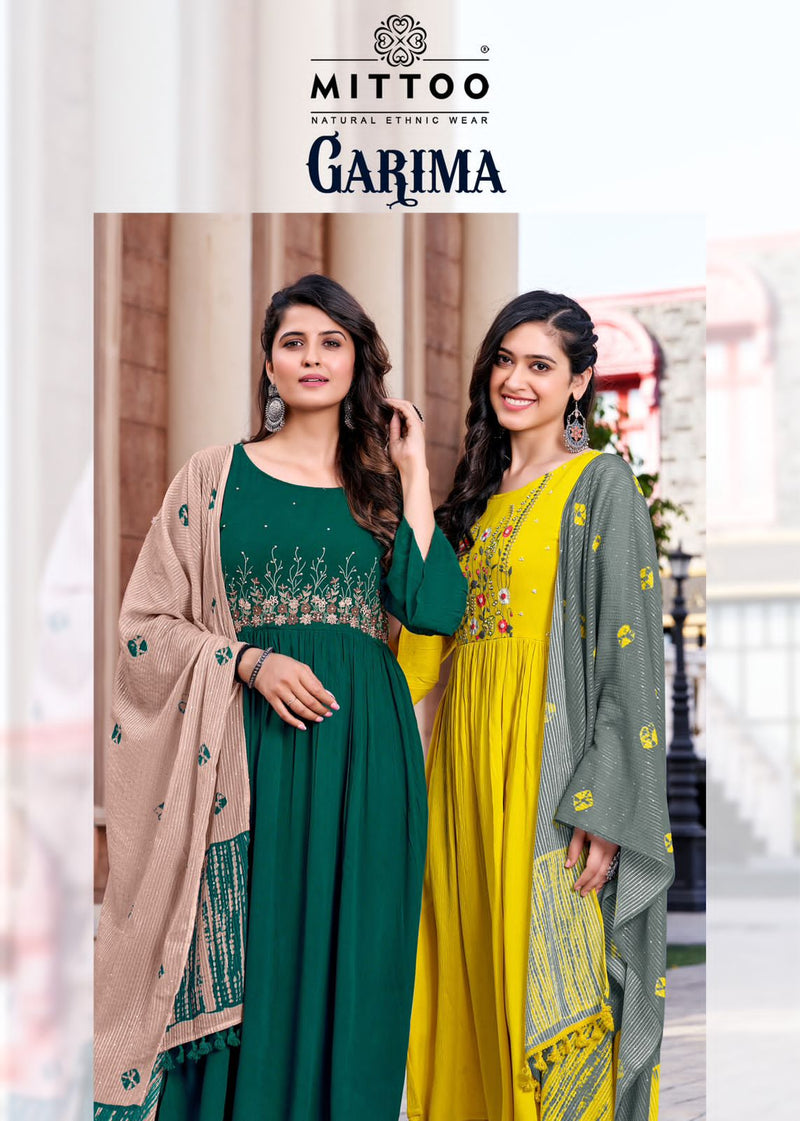 Mittoo Garima Rayon Fancy Embroidery Designer Party Wear Kurti Combo Set