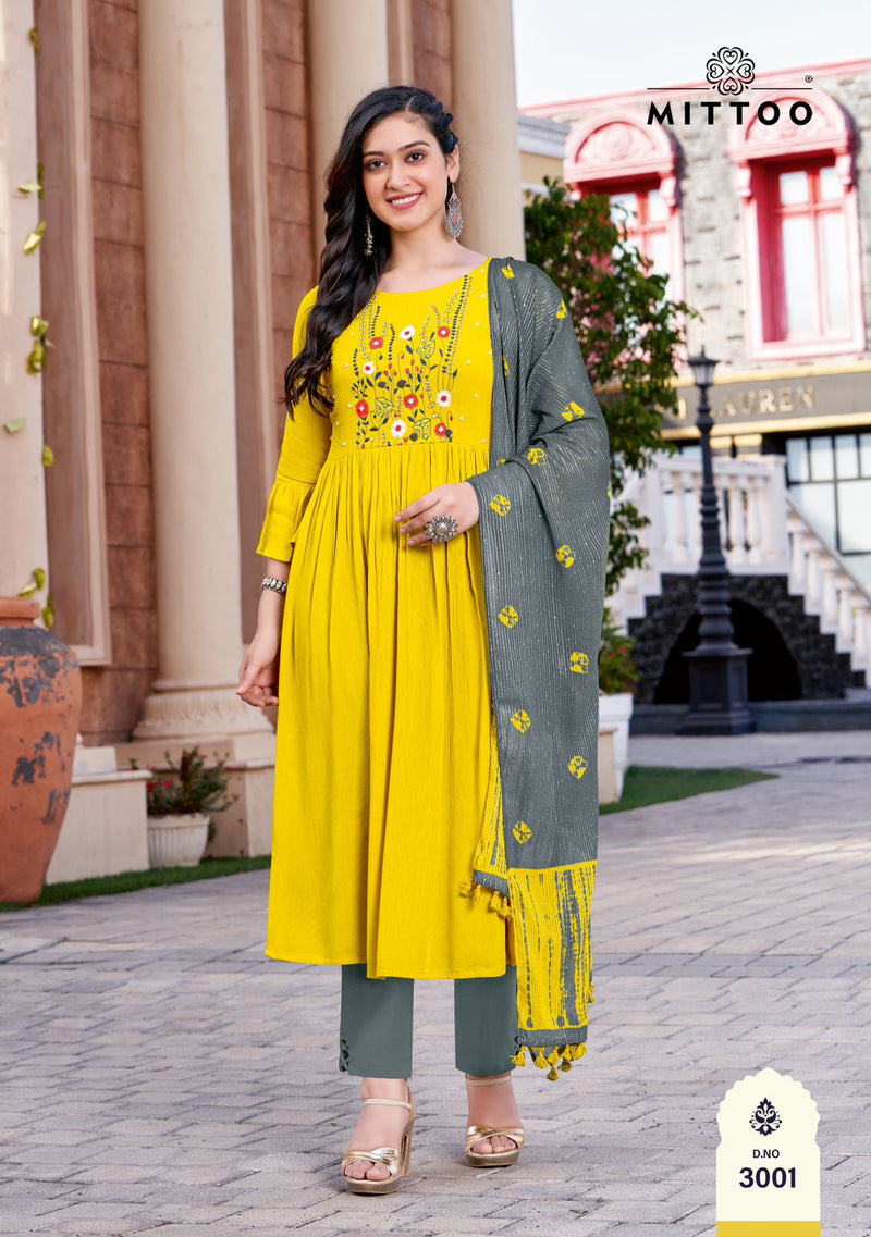 Mittoo Garima Rayon Fancy Embroidery Designer Party Wear Kurti Combo Set