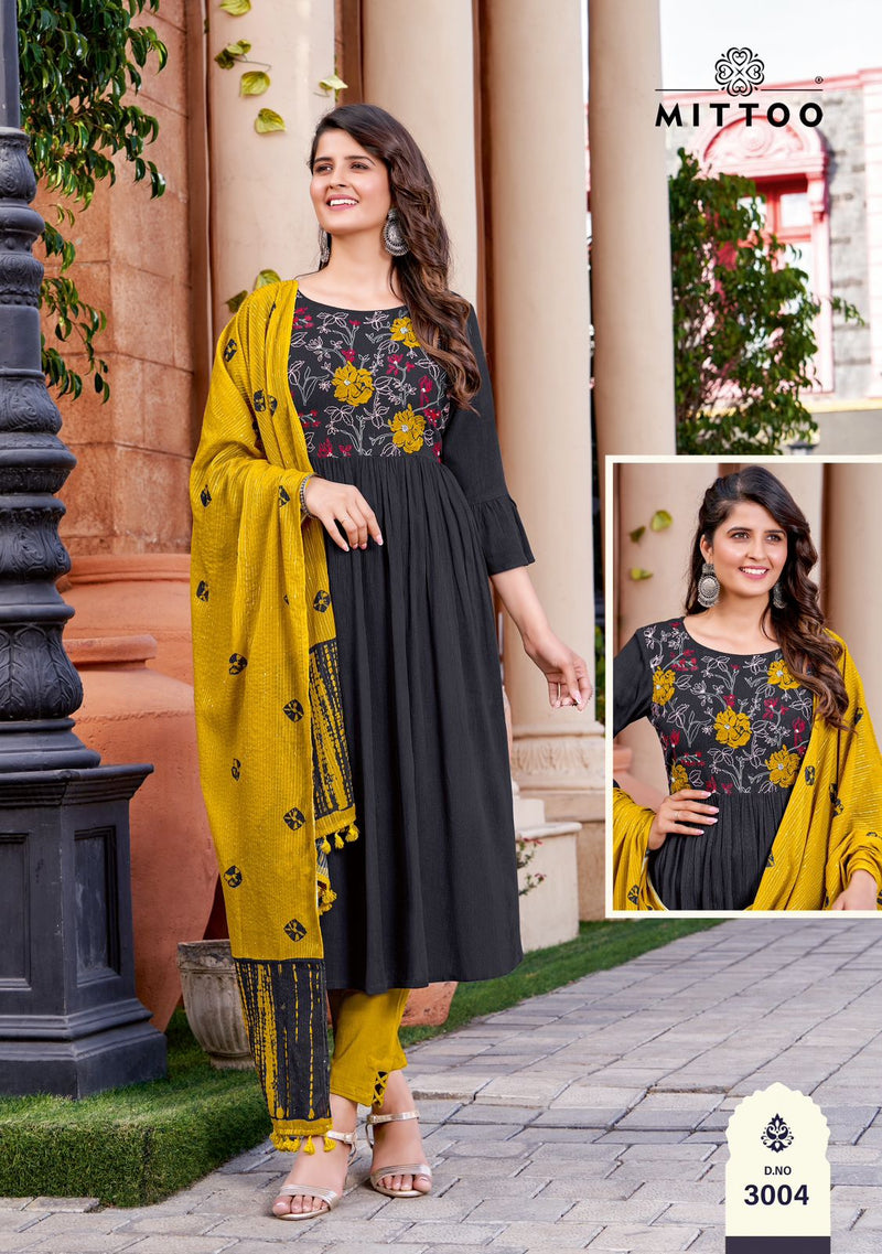 Mittoo Garima Rayon Fancy Embroidery Designer Party Wear Kurti Combo Set