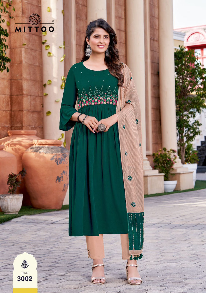 Mittoo Garima Rayon Fancy Embroidery Designer Party Wear Kurti Combo Set