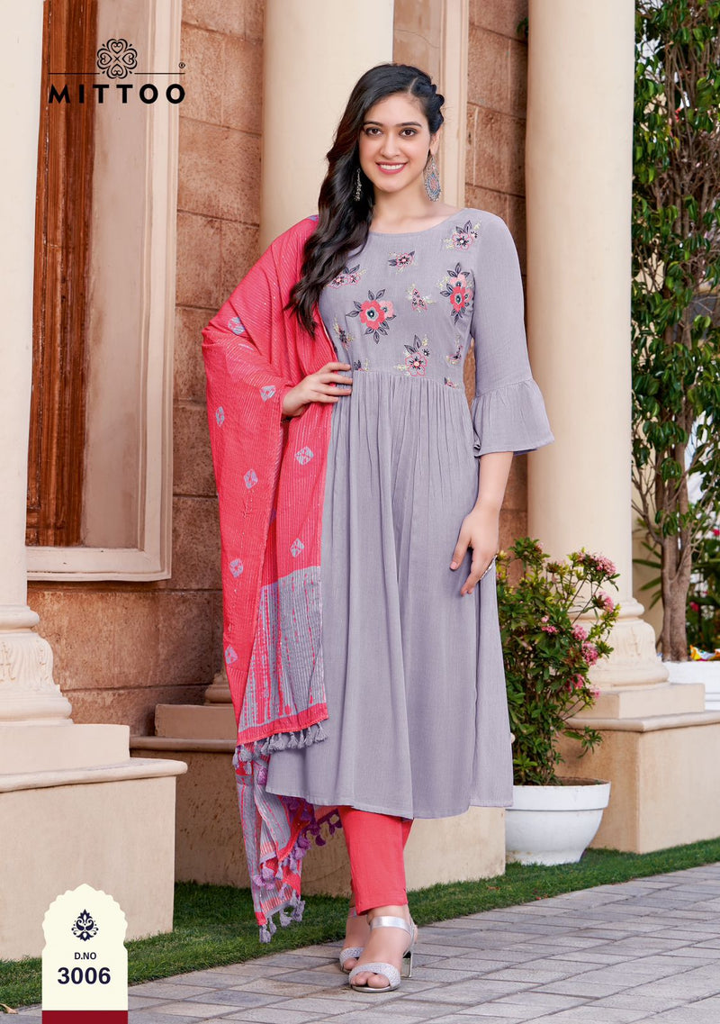 Mittoo Garima Rayon Fancy Embroidery Designer Party Wear Kurti Combo Set