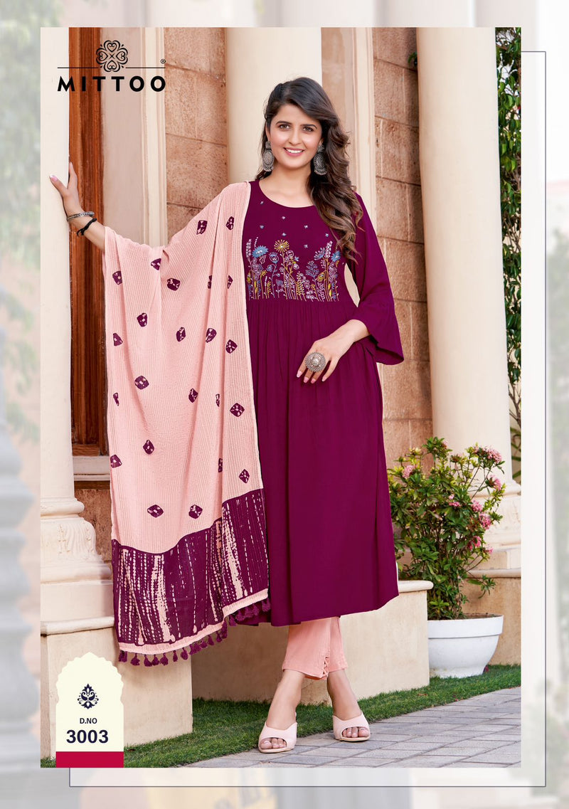 Mittoo Garima Rayon Fancy Embroidery Designer Party Wear Kurti Combo Set