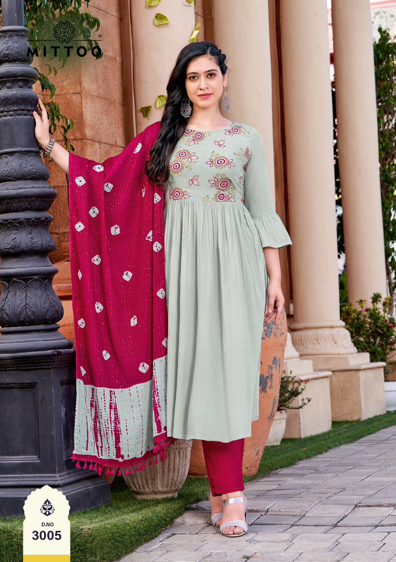 Mittoo Garima Rayon Fancy Embroidery Designer Party Wear Kurti Combo Set