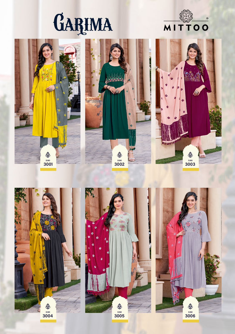 Mittoo Garima Rayon Fancy Embroidery Designer Party Wear Kurti Combo Set