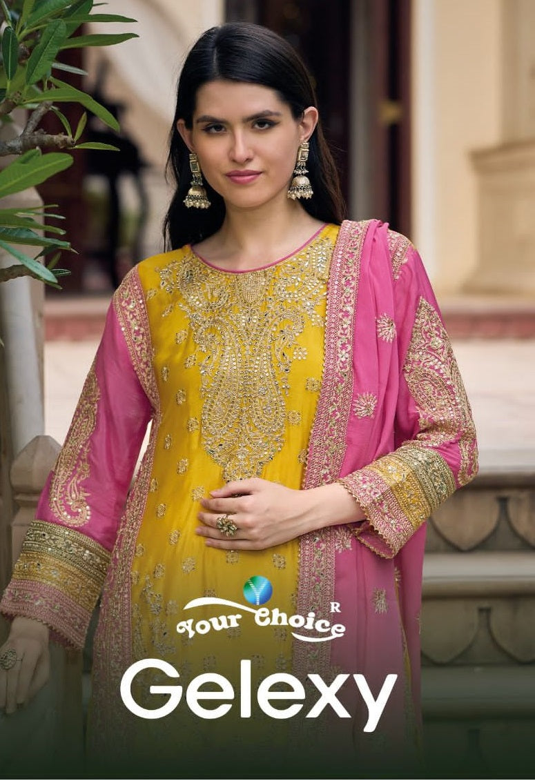 Your Choice Gelexy Chinon With Heavy Embroidery Sharara Suits