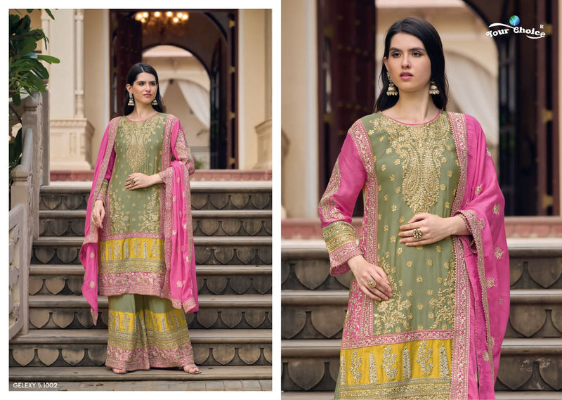 Your Choice Gelexy Chinon With Heavy Embroidery Sharara Suits