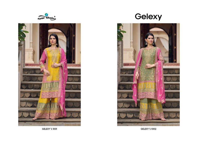 Your Choice Gelexy Chinon With Heavy Embroidery Sharara Suits