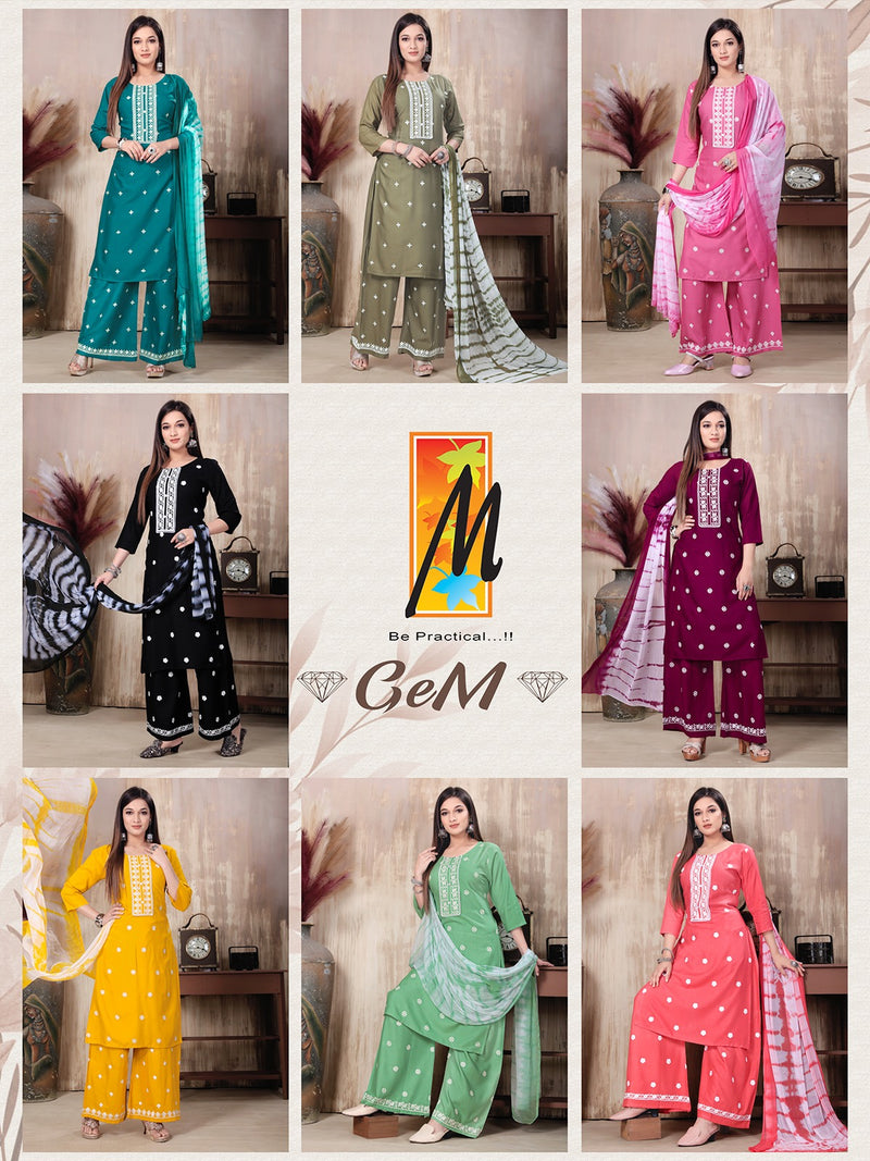 Master Gem Rayon Butties Embroidery Work Kurti With Plazzo & Dupatta Set