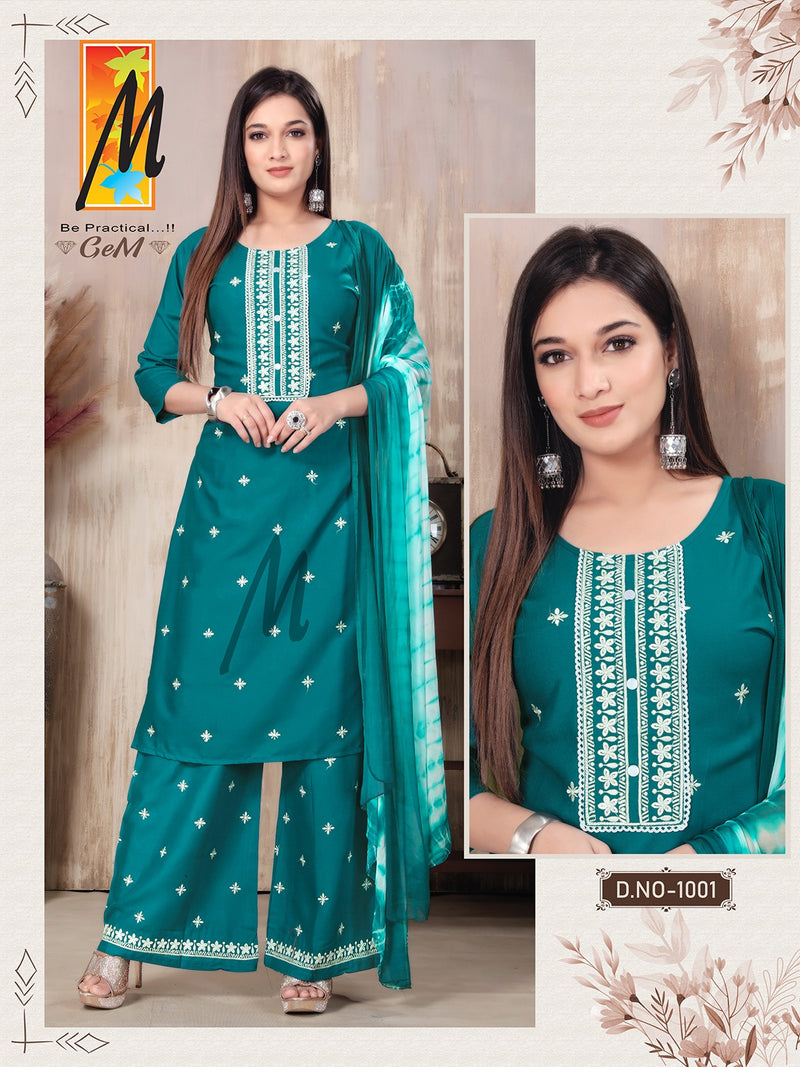 Master Gem Rayon Butties Embroidery Work Kurti With Plazzo & Dupatta Set
