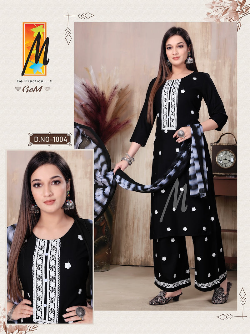 Master Gem Rayon Butties Embroidery Work Kurti With Plazzo & Dupatta Set