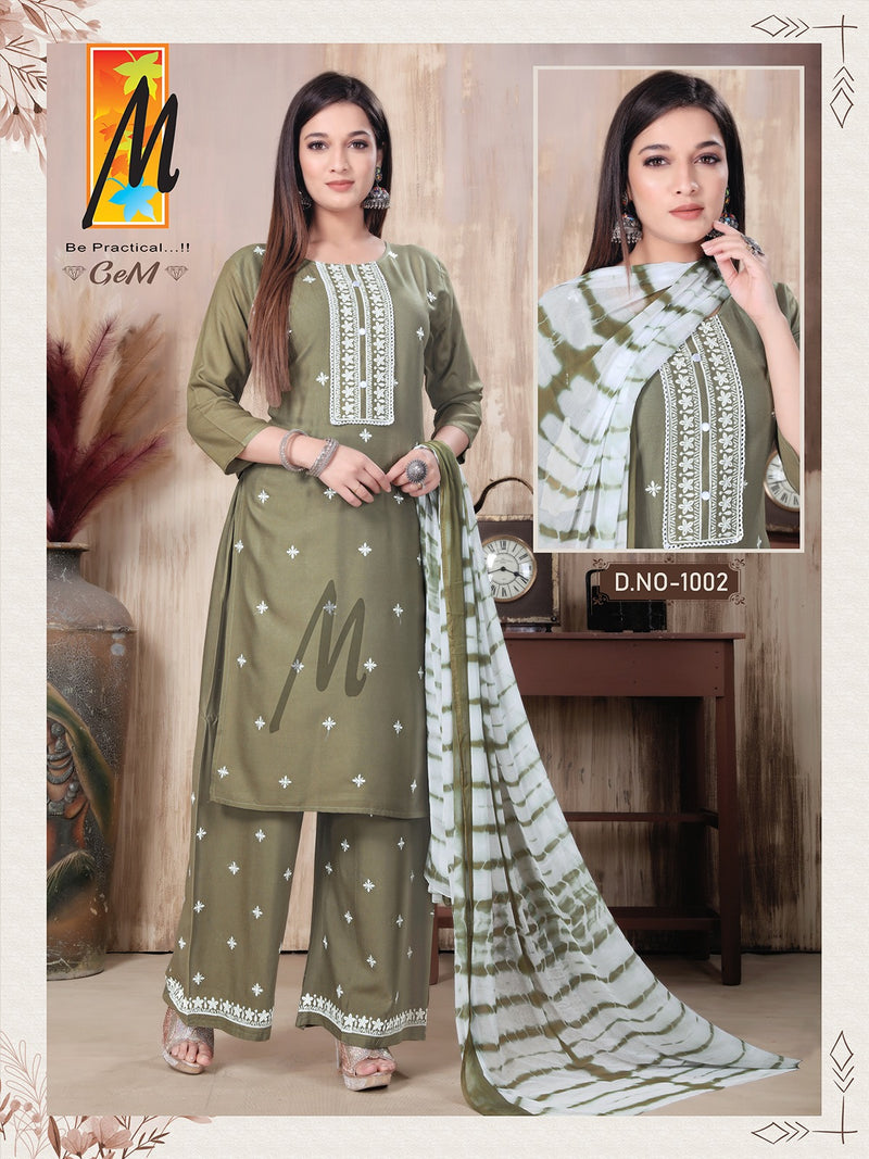 Master Gem Rayon Butties Embroidery Work Kurti With Plazzo & Dupatta Set