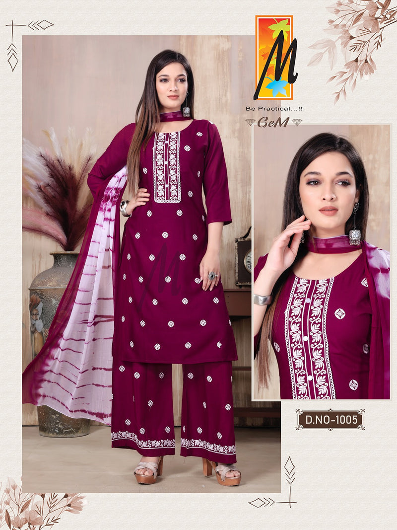 Master Gem Rayon Butties Embroidery Work Kurti With Plazzo & Dupatta Set