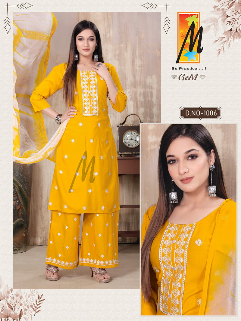 Master Gem Rayon Butties Embroidery Work Kurti With Plazzo & Dupatta Set