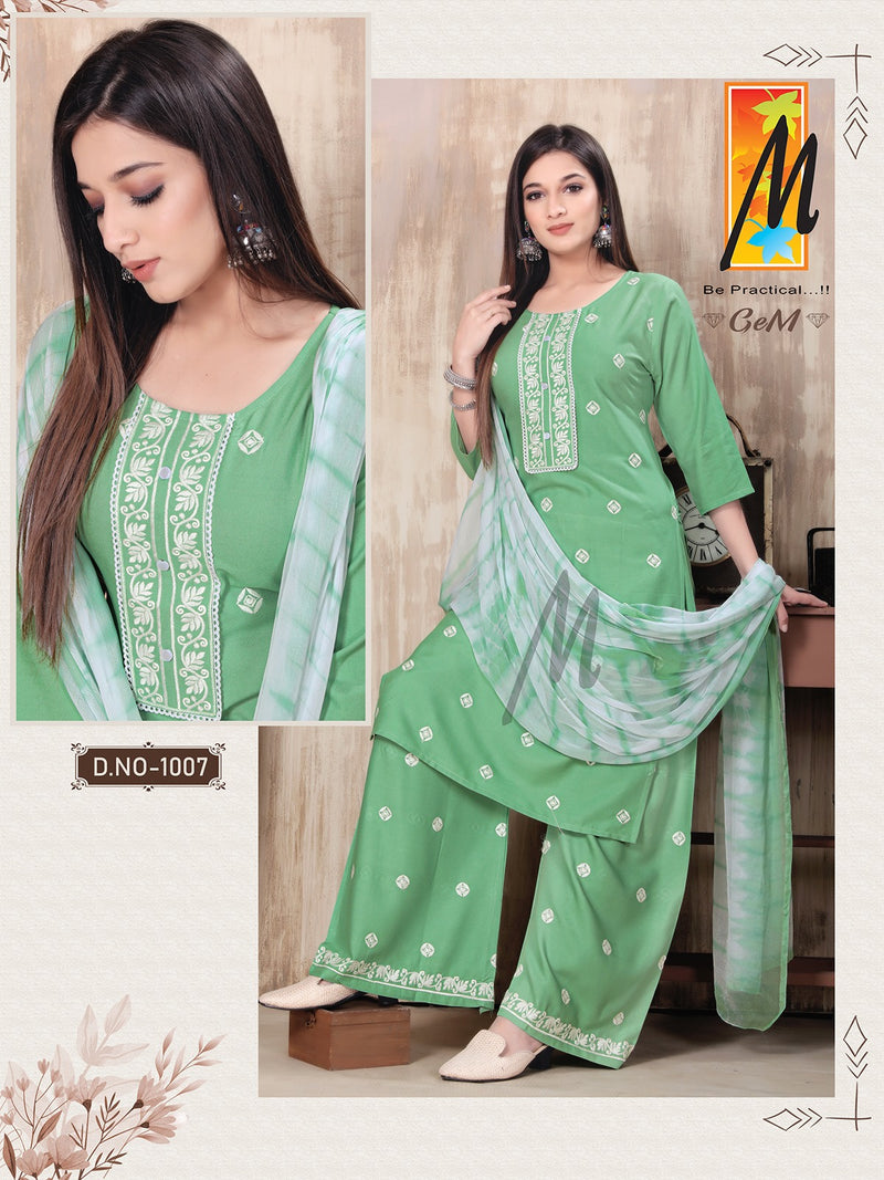 Master Gem Rayon Butties Embroidery Work Kurti With Plazzo & Dupatta Set