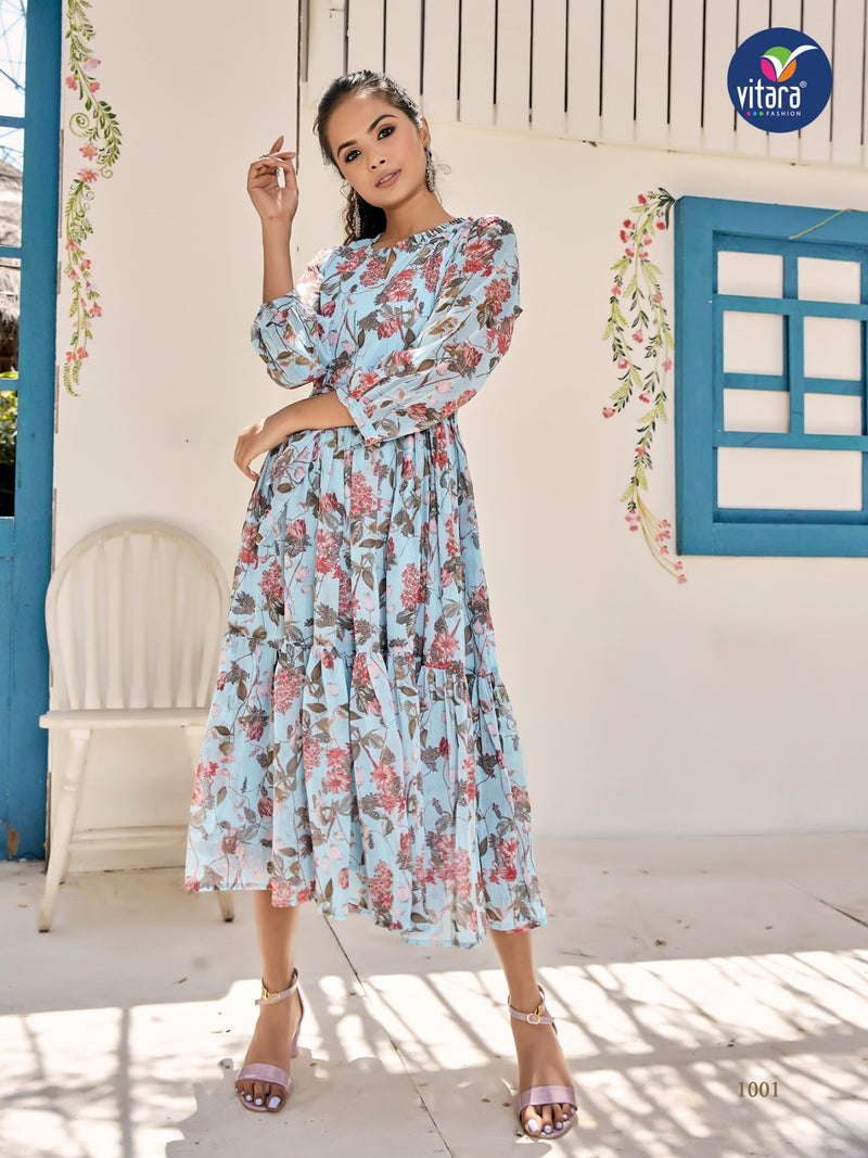 Vitara Fashion Georgia Printed Georgette Fancy Party Wear Kurtis