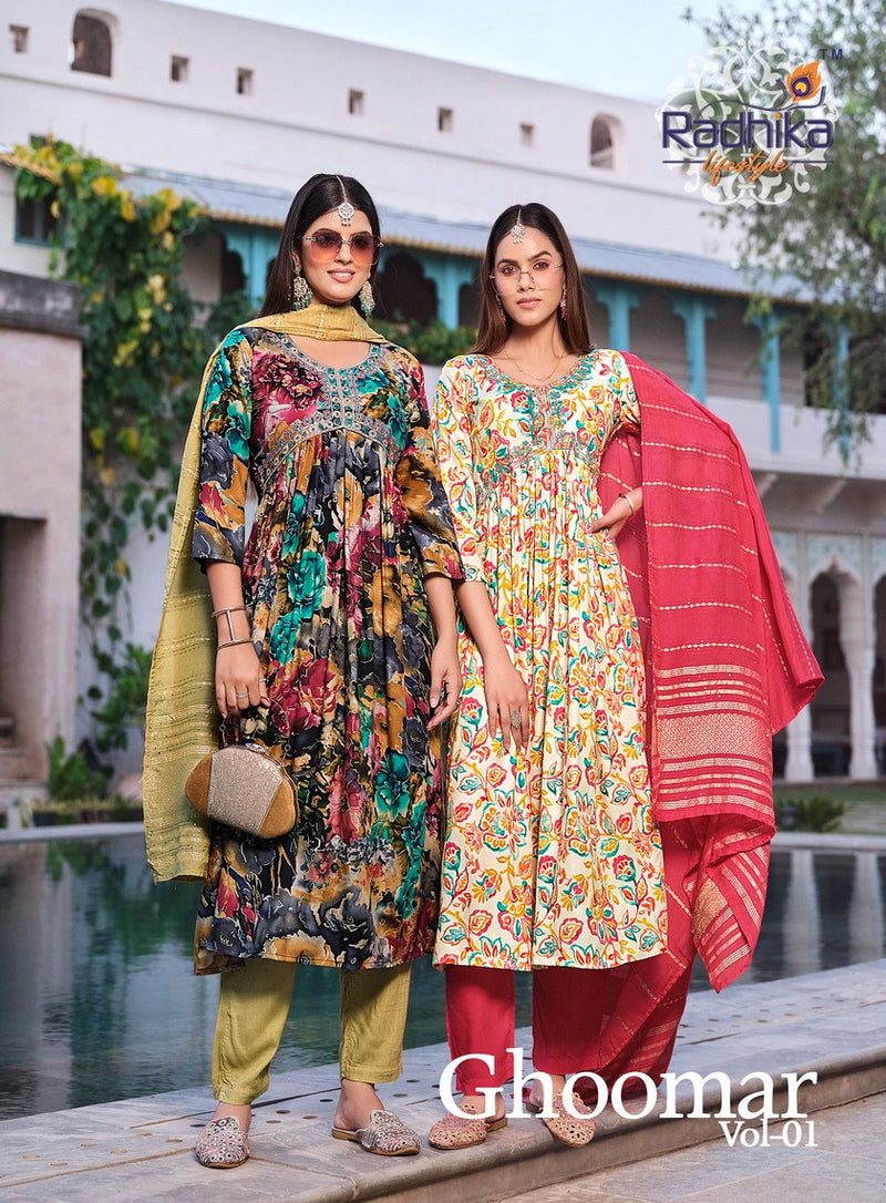 Radhika Lifestyle Ghoomar Vol 1 Rayon Printed Alia Cut Kurti Collection