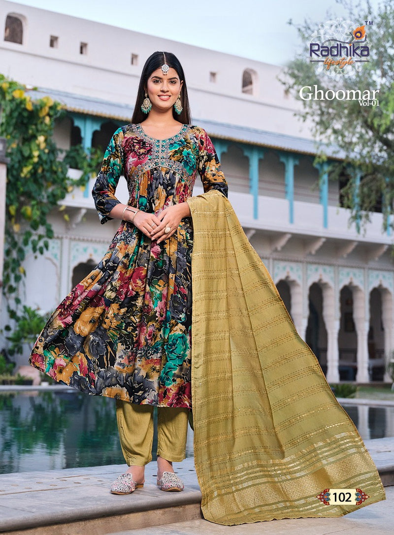 Radhika Lifestyle Ghoomar Vol 1 Rayon Printed Alia Cut Kurti Collection