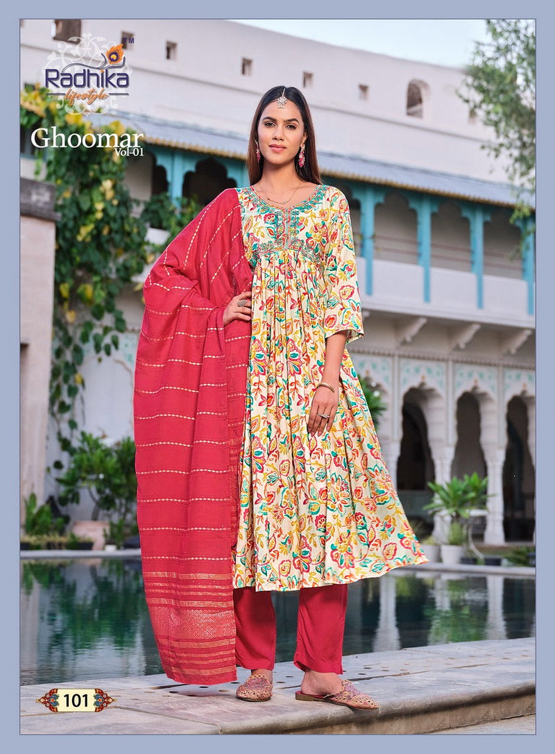 Radhika Lifestyle Ghoomar Vol 1 Rayon Printed Alia Cut Kurti Collection