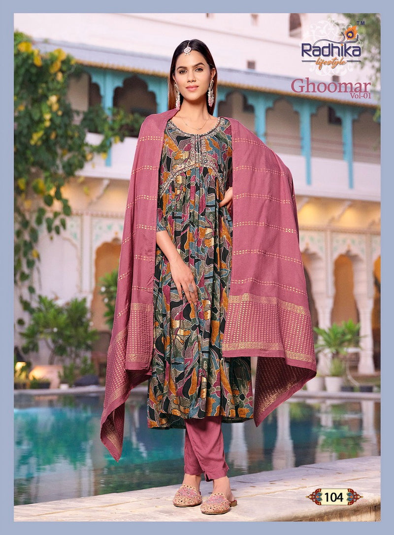Radhika Lifestyle Ghoomar Vol 1 Rayon Printed Alia Cut Kurti Collection