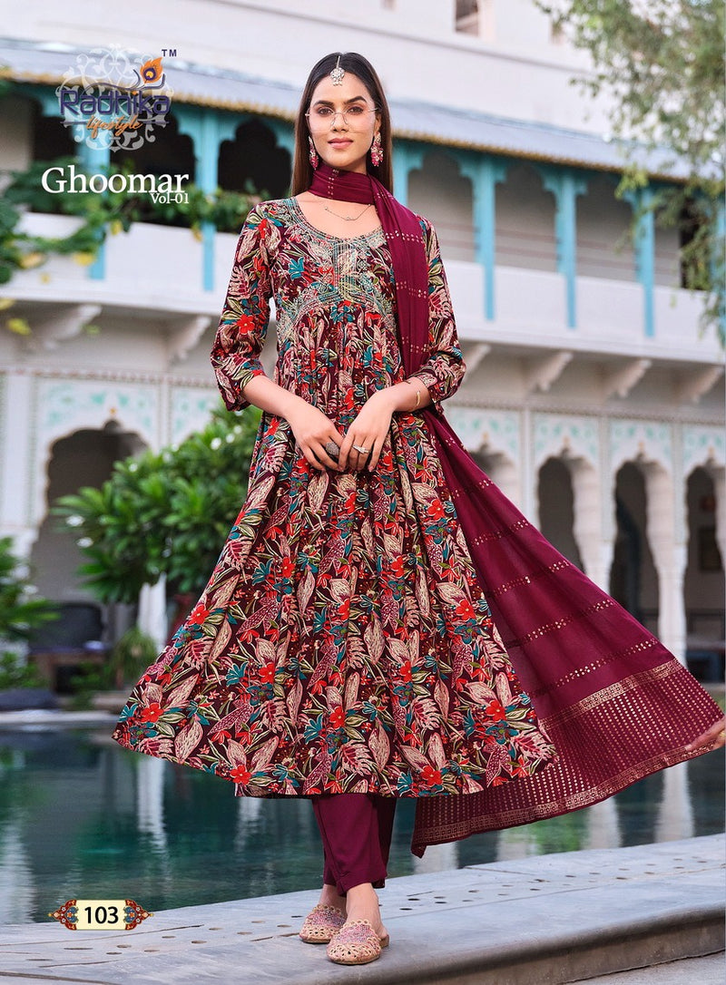 Radhika Lifestyle Ghoomar Vol 1 Rayon Printed Alia Cut Kurti Collection