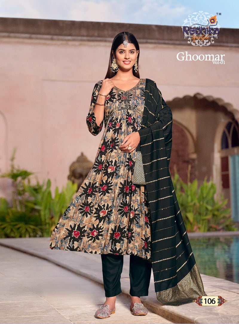 Radhika Lifestyle Ghoomar Vol 1 Rayon Printed Alia Cut Kurti Collection