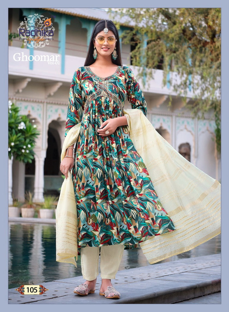 Radhika Lifestyle Ghoomar Vol 1 Rayon Printed Alia Cut Kurti Collection