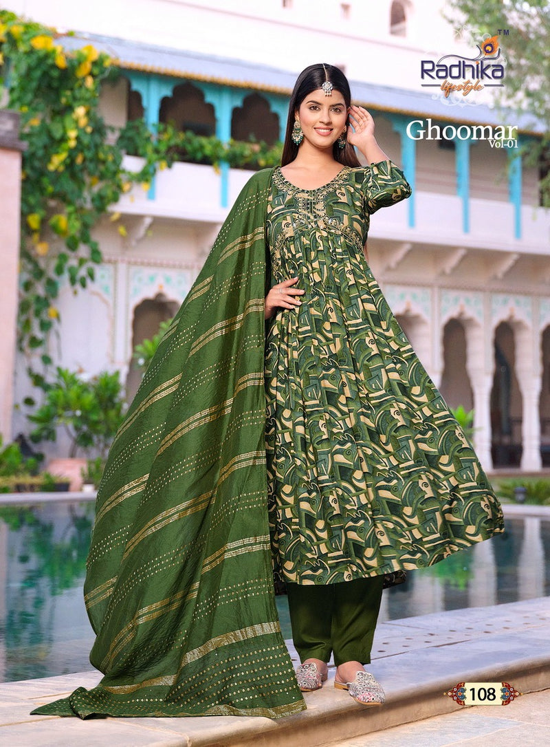 Radhika Lifestyle Ghoomar Vol 1 Rayon Printed Alia Cut Kurti Collection