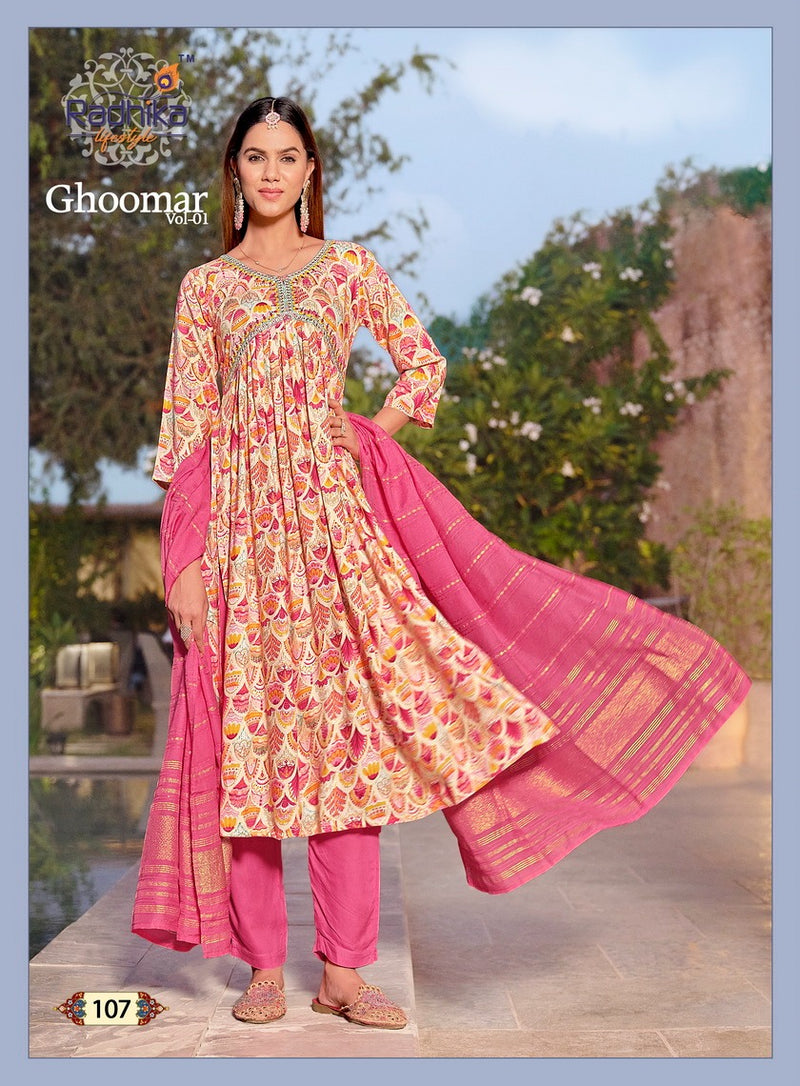 Radhika Lifestyle Ghoomar Vol 1 Rayon Printed Alia Cut Kurti Collection
