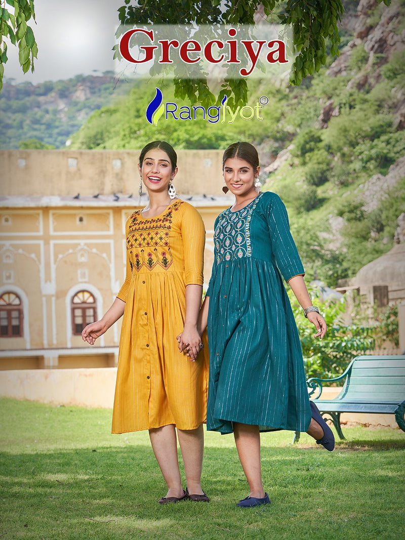 Rangjyot Greciya Vol 2 Cotton Lurex With Thered Embroidery Designer Fancy Kurtis