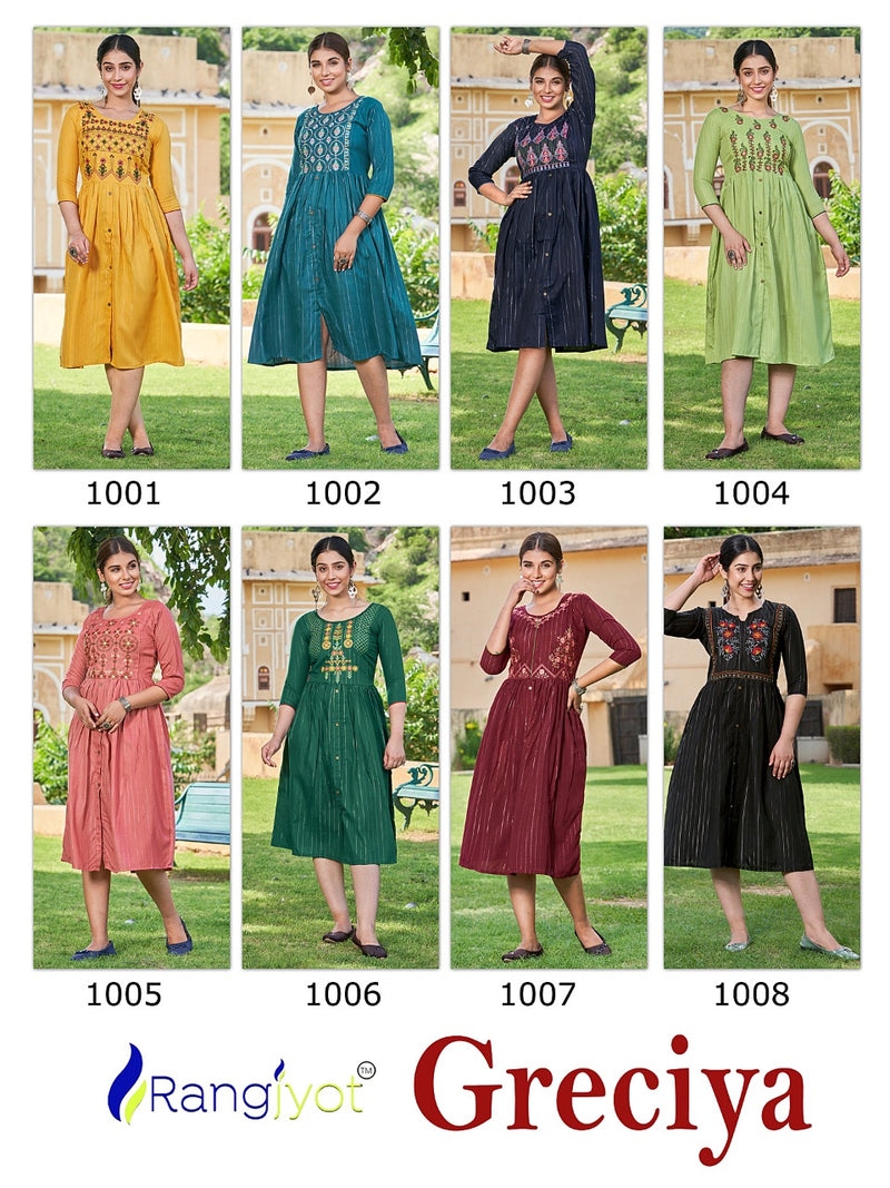 Rangjyot Greciya Vol 2 Cotton Lurex With Thered Embroidery Designer Fancy Kurtis
