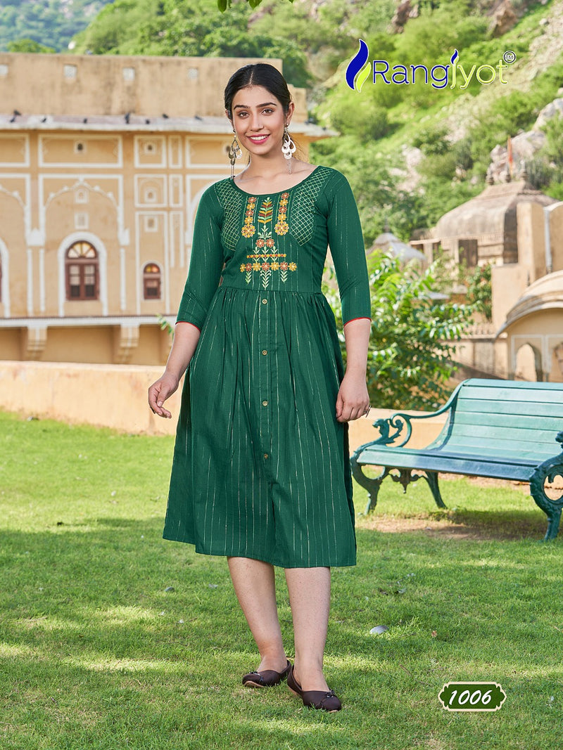 Rangjyot Greciya Vol 2 Cotton Lurex With Thered Embroidery Designer Fancy Kurtis