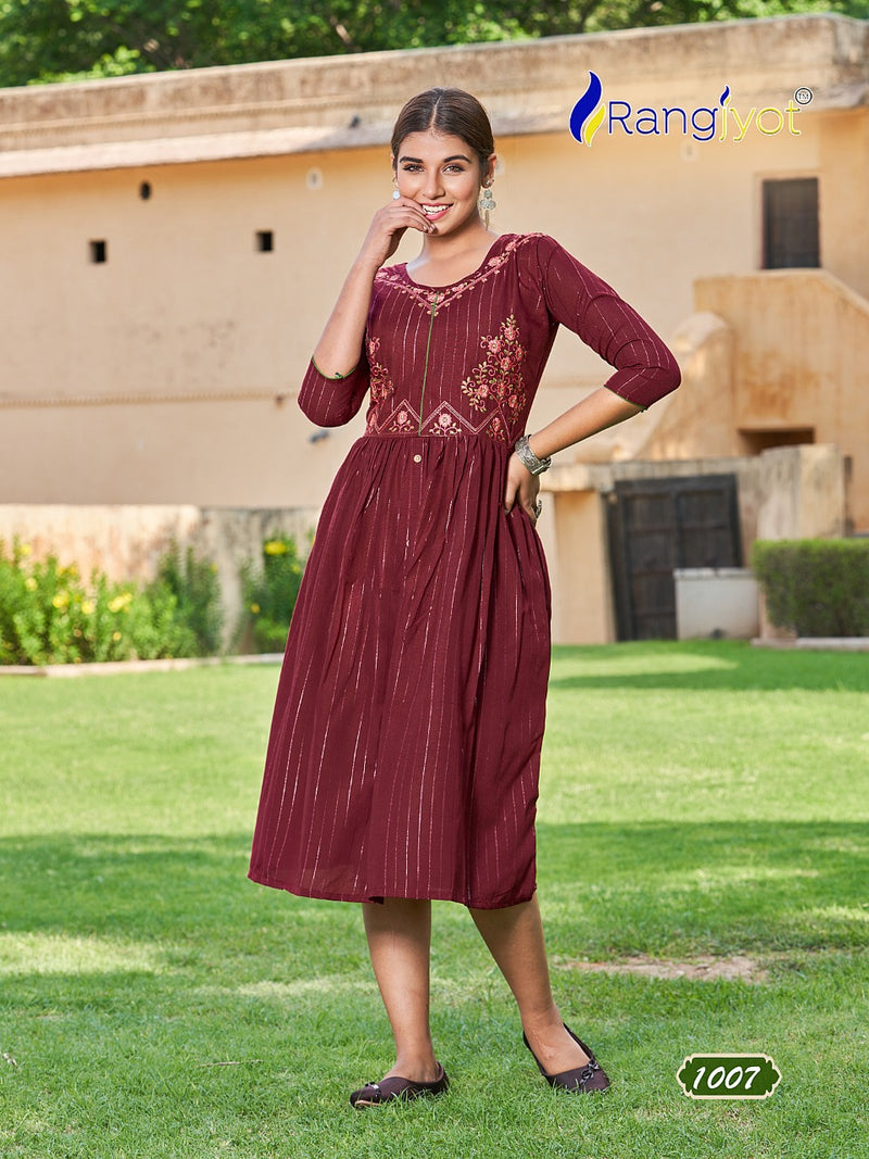 Rangjyot Greciya Vol 2 Cotton Lurex With Thered Embroidery Designer Fancy Kurtis