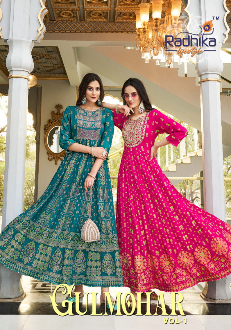 Radhika Lifestyle Gulmohar Vol 1 Rayon Foil Print With Embroidery Work Gowns