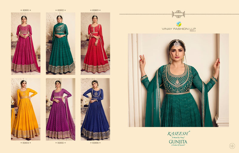 Vinay Fashion Kaseesh Gunjita Silk Chiffon Kali Style Heavy Embroidery Designer Ready Made Suits