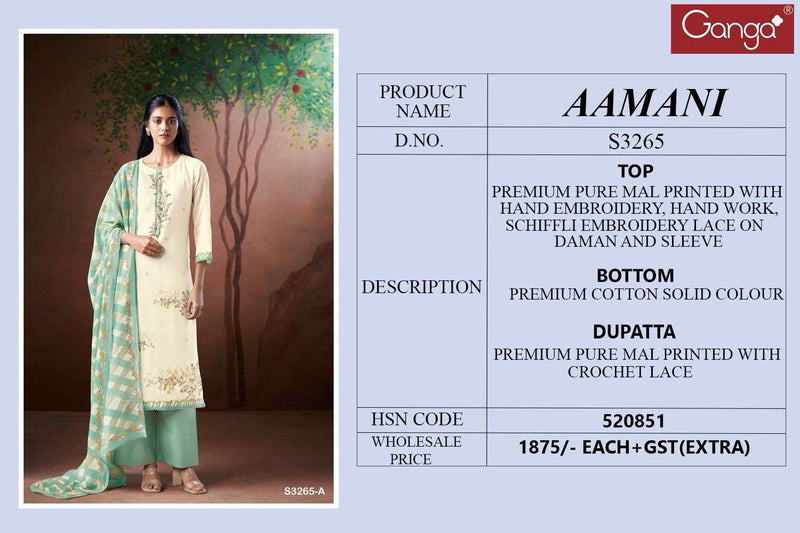 Ganga Aamani 3265 Pure Cotton Mal Cotton Embroidered Handwork Salwar Suit
