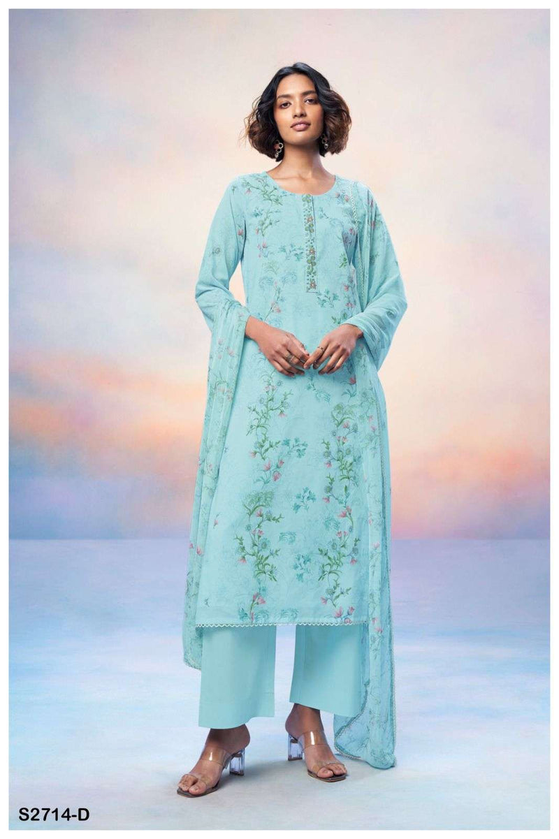 Ganga Dhitya 2714 Cotton Premium Foil Printed With Embroidery Hand Work And Cotton Lace Salwar Suit