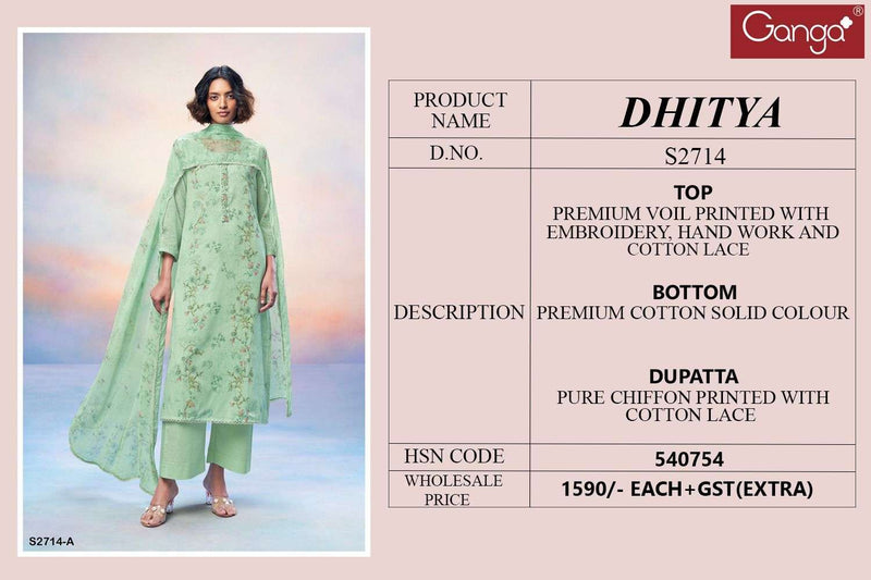 Ganga Dhitya 2714 Cotton Premium Foil Printed With Embroidery Hand Work And Cotton Lace Salwar Suit