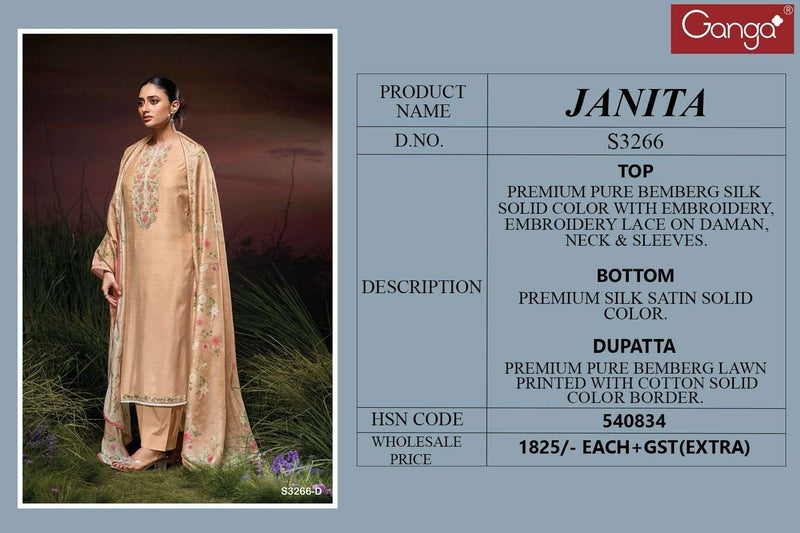 Ganga Janita 3266 Premium Bemberg Silk Embroidered Work Salwar Kameez