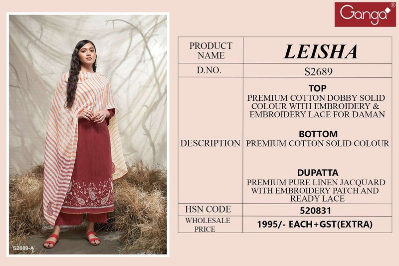 Ganga Leisha 2689 Premium Cotton Embroidered Salwar Suit