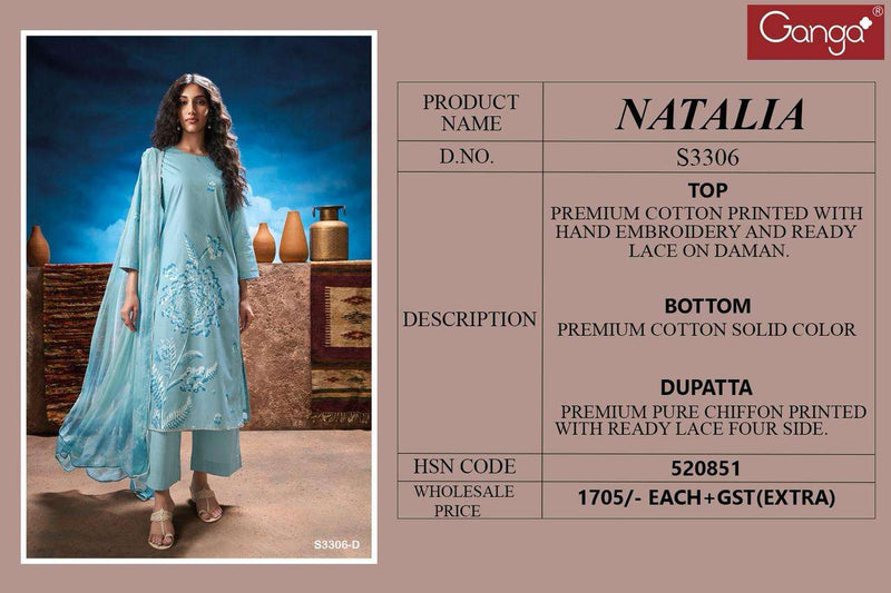 Ganga Natalia 3306 Premium Cotton Embroidered Fancy Salwar Suit