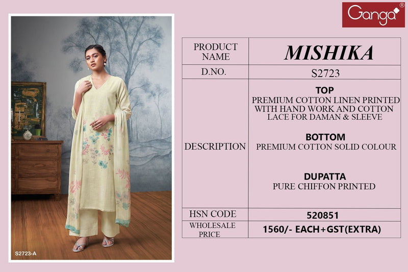Ganga Suit Mishika 2723 Premium Cotton Linen Printed Handwork Salwar Suit