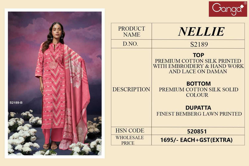 Ganga Suit Nellie 2189 Pure Cotton Silk Printed Embroidered Handwork Salwar Suit