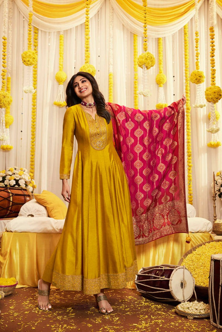 Vatsam Haldi Collection Georgette Silk Anarkali Designer Readymade Suit
