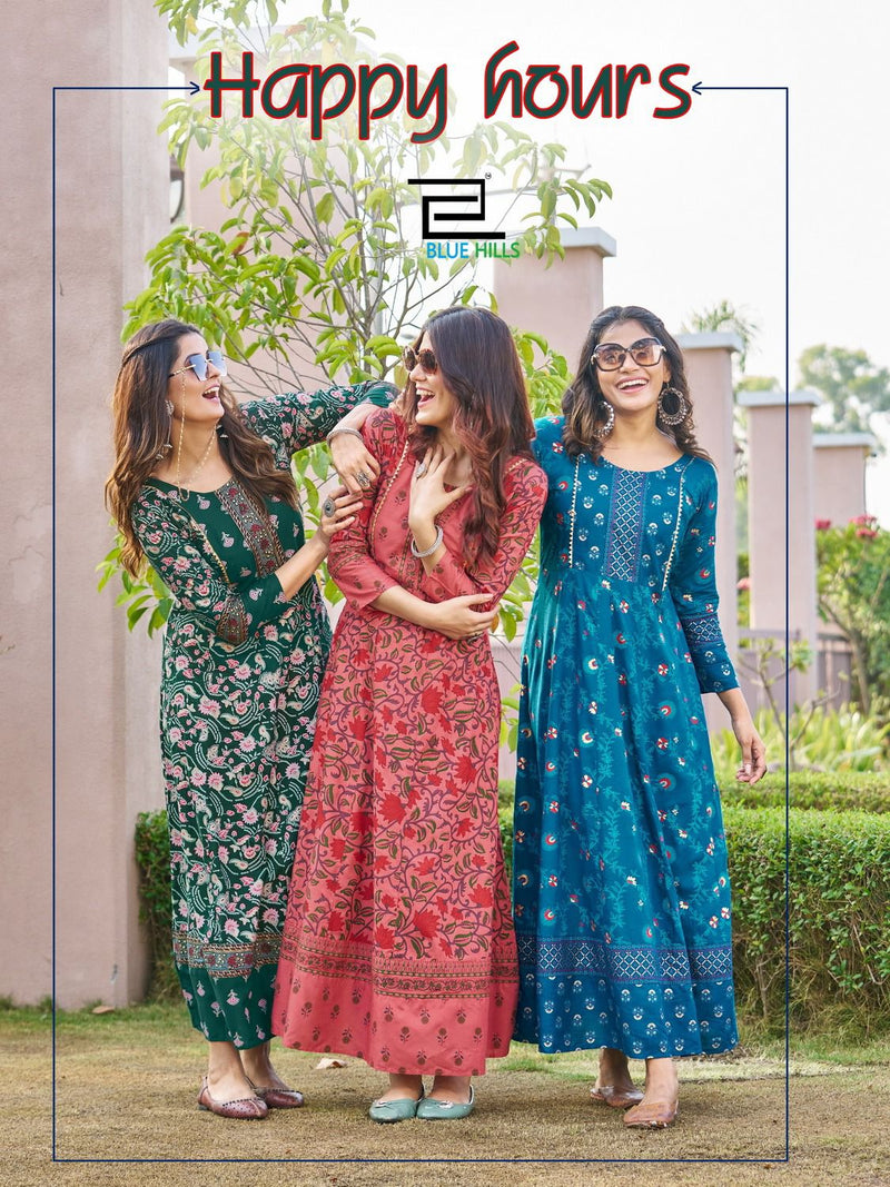 Blue Hills Happy Hours Rayon Foil Print Fancy Anarkali Gown Kurtis